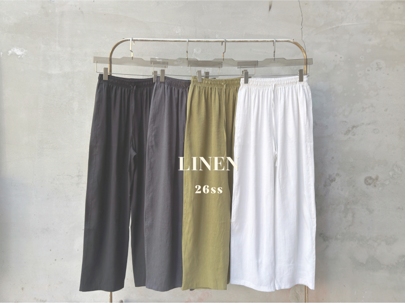 麻料混紡鬆緊腰直筒寬褲